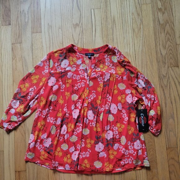 Cocomo Womens Floral Long Sleeve Blouse 1X Orange Yellow Pink Button-Front Top - Picture 4 of 7
